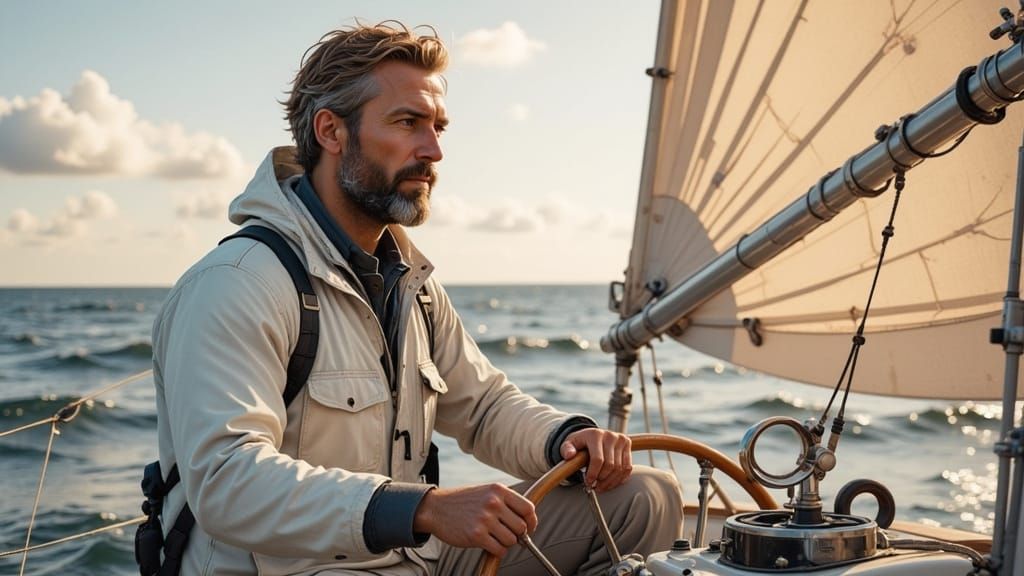Sailor in Crisp White Jacket Expertly Pilots Sailboat at Sea