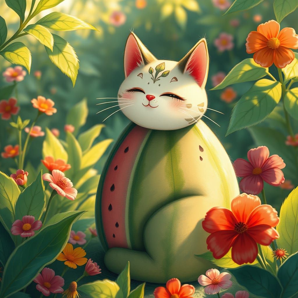 Whimsical Cat Sits in Lush Summer Garden