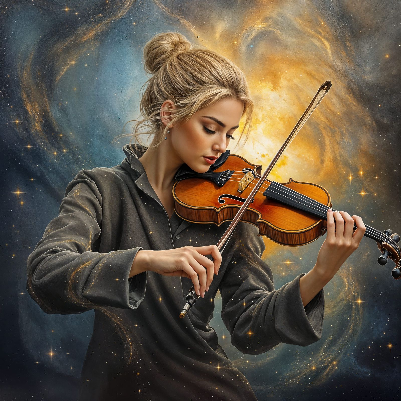 Realistic Impressionist Painting of a Violinist in a Cosmic ...