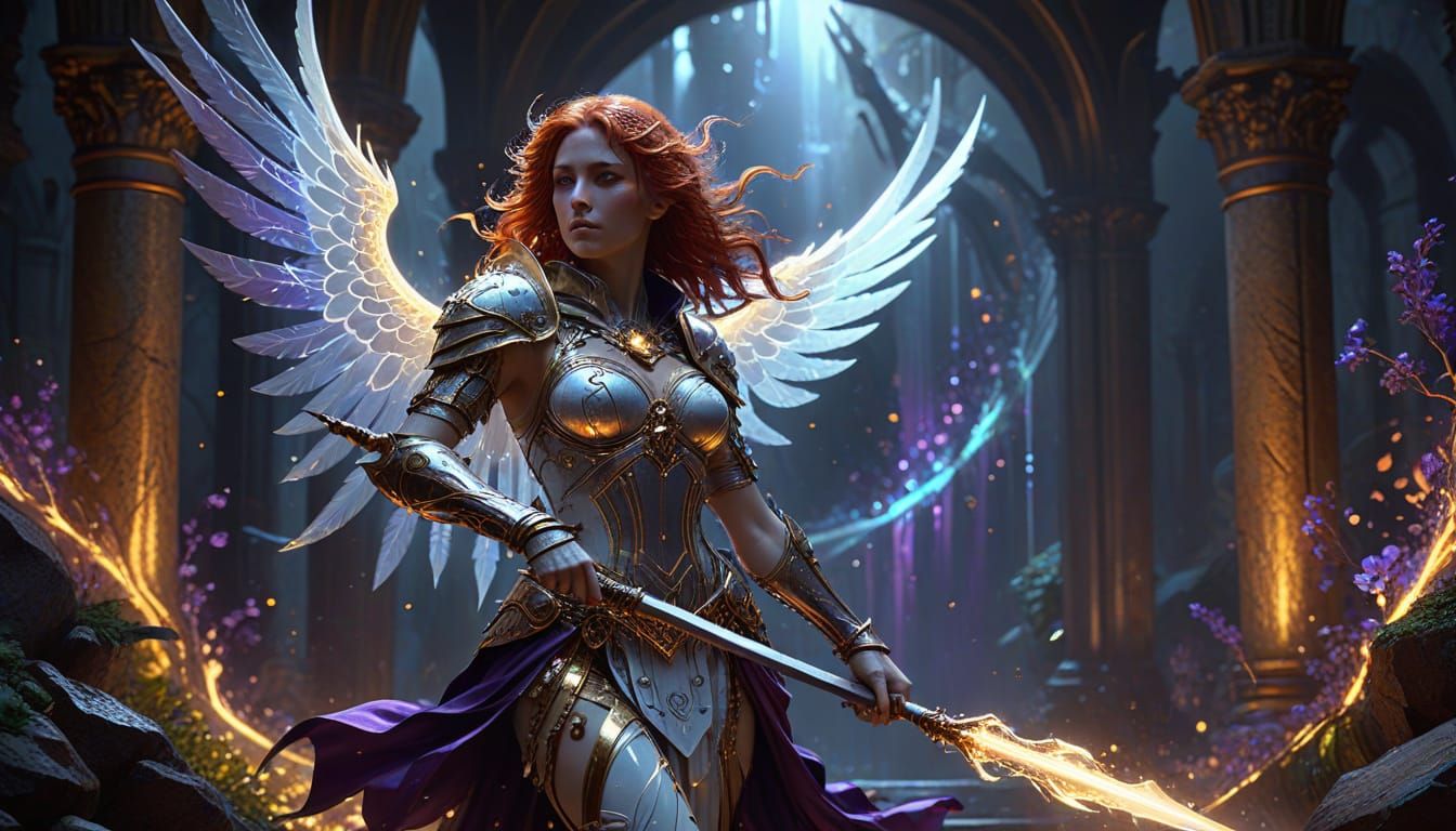 Biopunk Angel with Rainbow Flame Spear