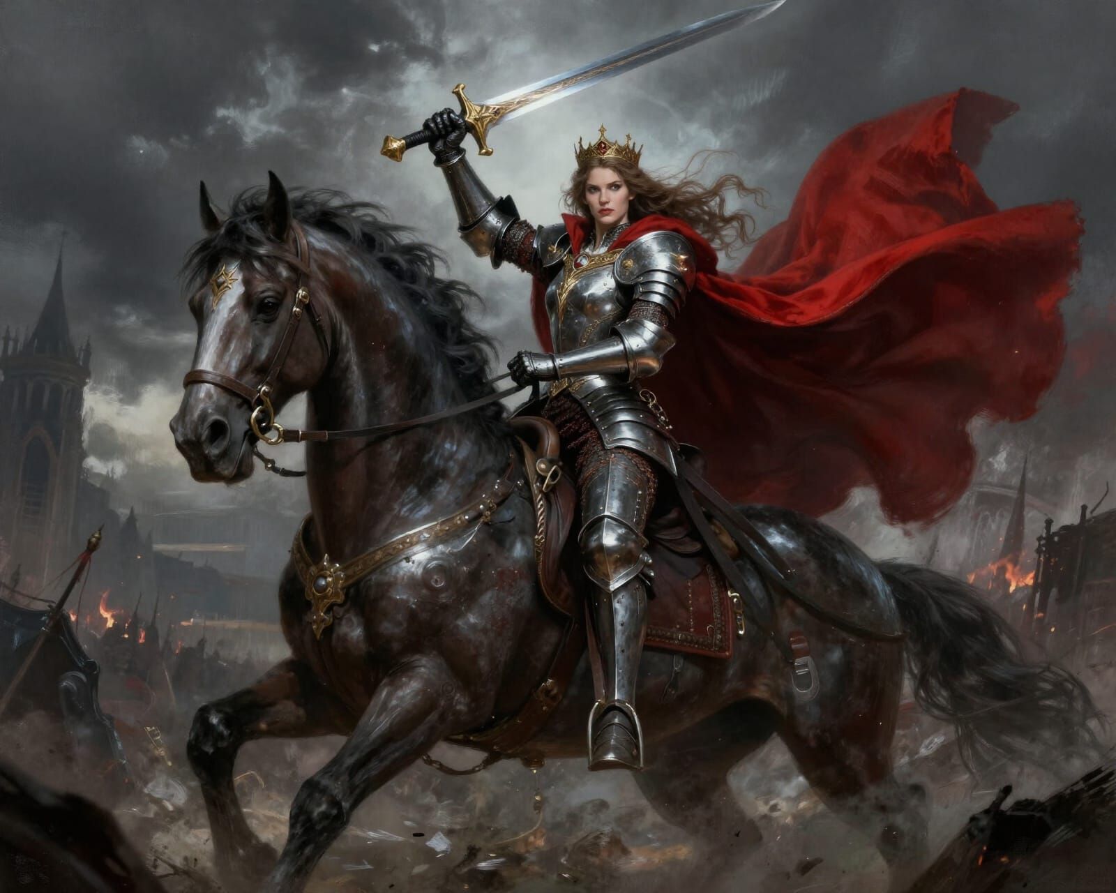 Queen in Gothic Armor Rides Warhorse with Sword