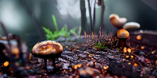 Oyster Mushrooms in Misty Forest: Digital Illustration