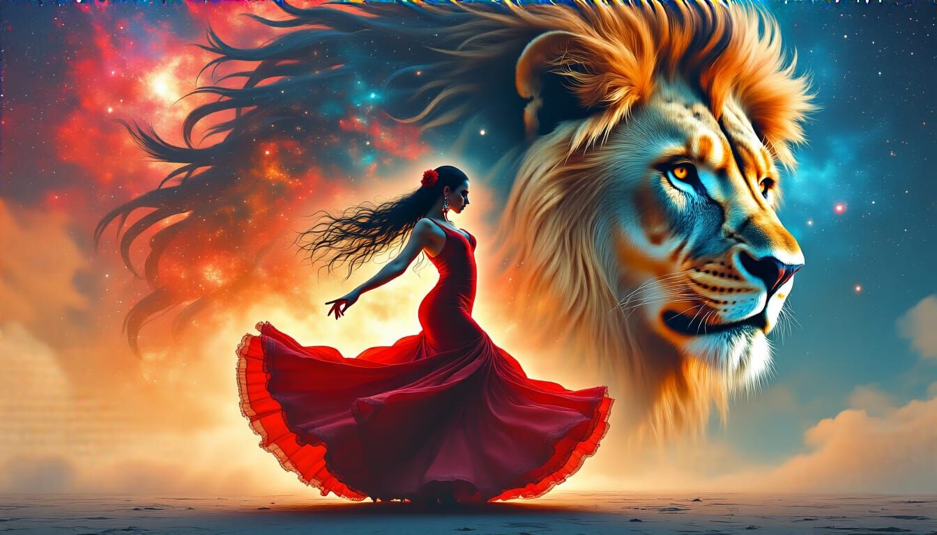 Flamenco Dancer and Lion in Cosmic Dreamscape