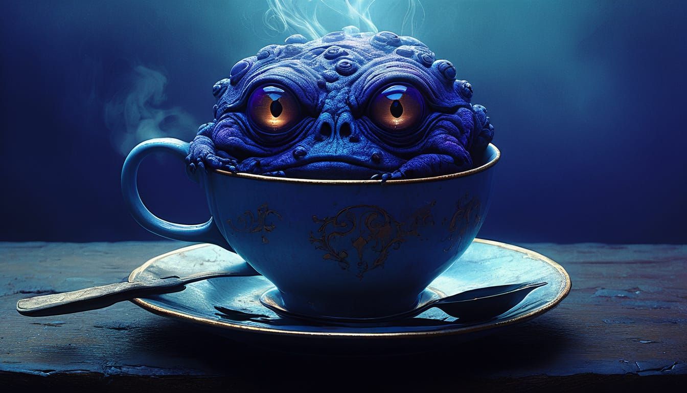 Monstrous Creature Sips Coffee in Misty Cafe
