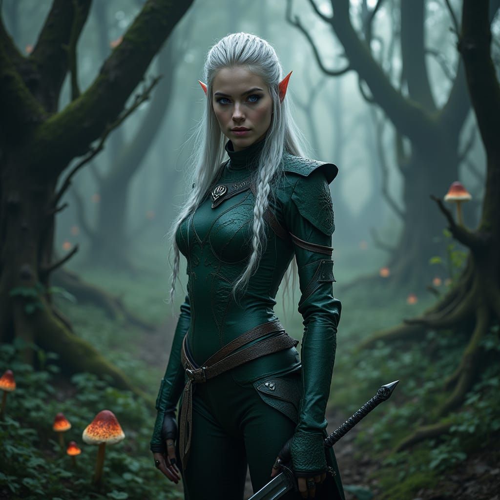 Mystical Elven Warrior in Dark Forest Combat Garb