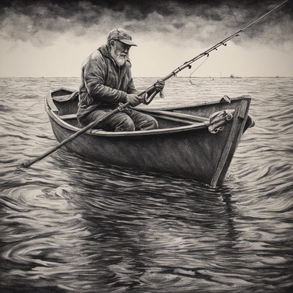 Hyperdetailed Charcoal Drawing of a Fisherman