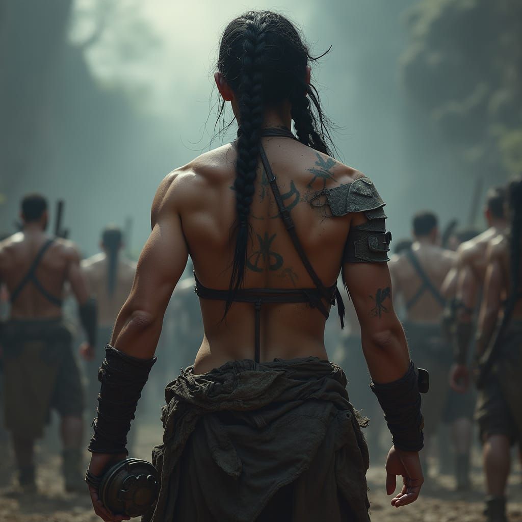 Muscular Orc Woman in Dark Fantasy Battlefield