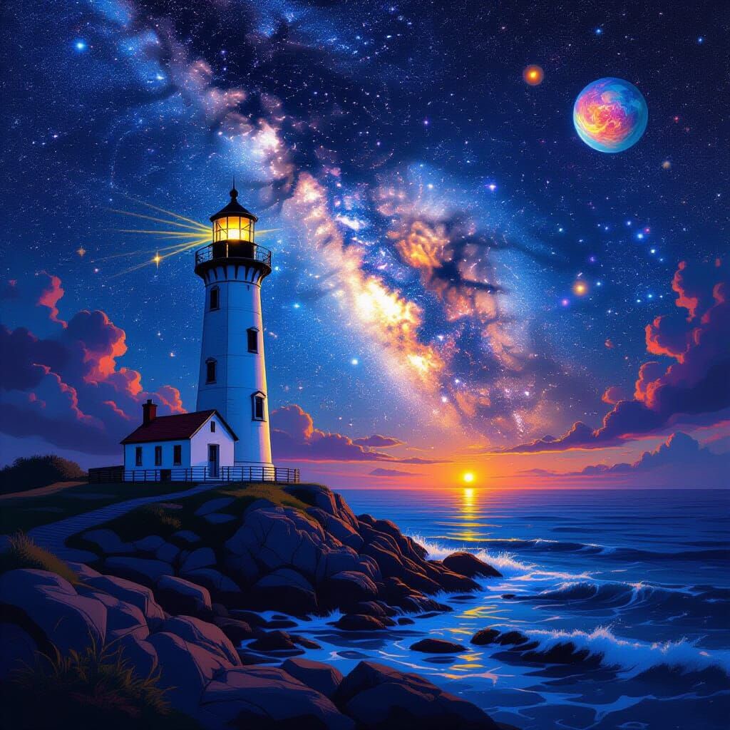 Lighthouse Under Galaxy Sky in Ayahuasca Art Style