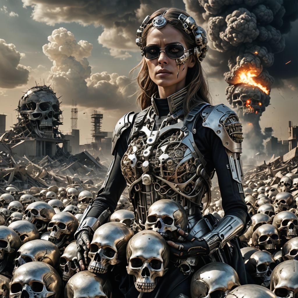 Cyborg Woman with Skull in Post-Apocalyptic Graffiti Art