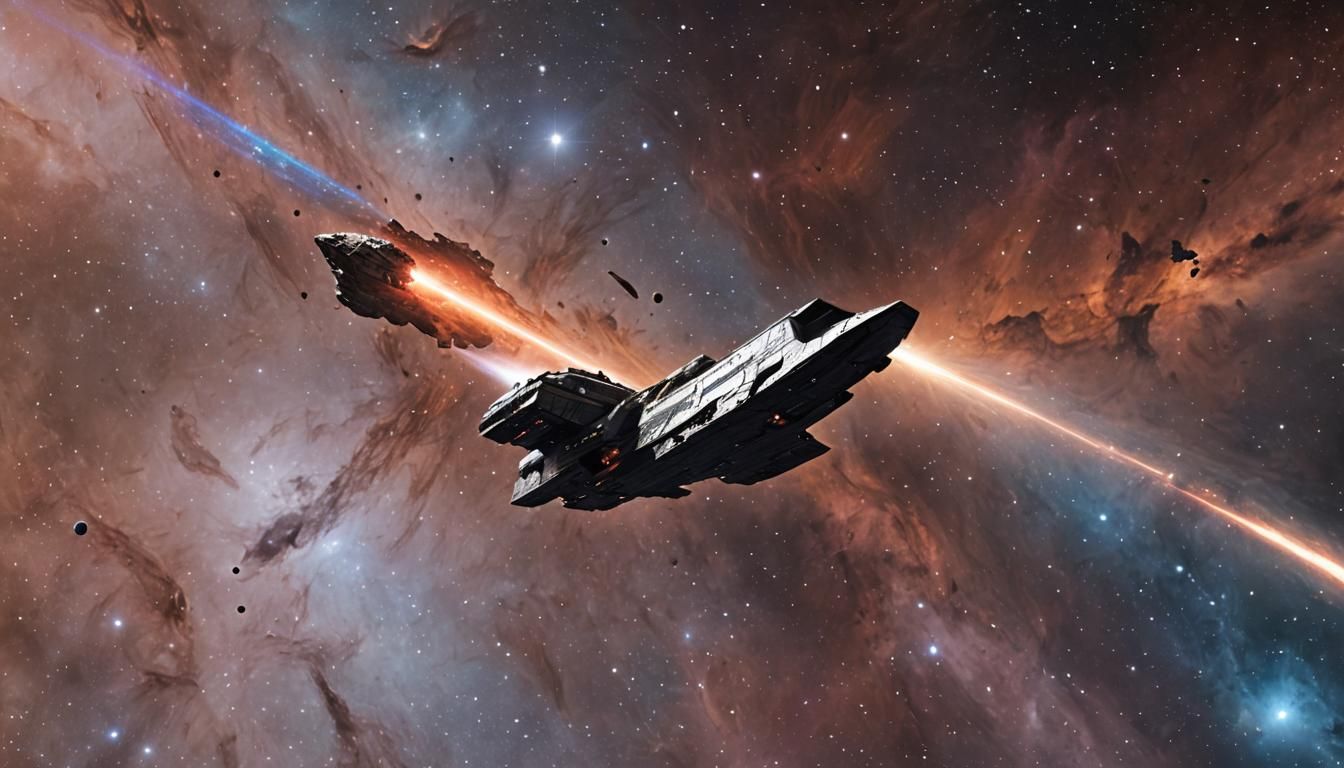 Dreadnought Starship Streaking Across Nebula