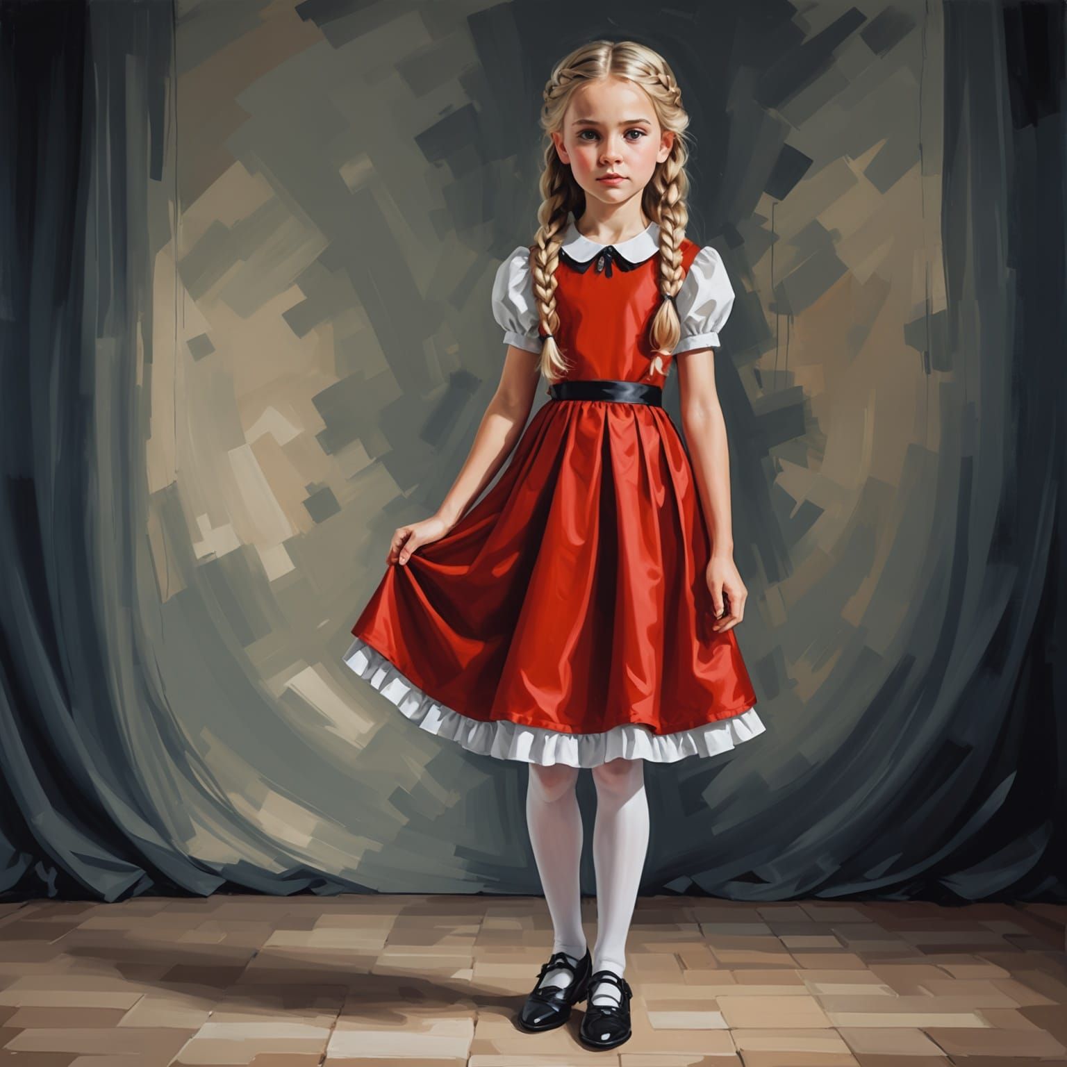 Glamorous Girl in Red Dress: Oil Painting