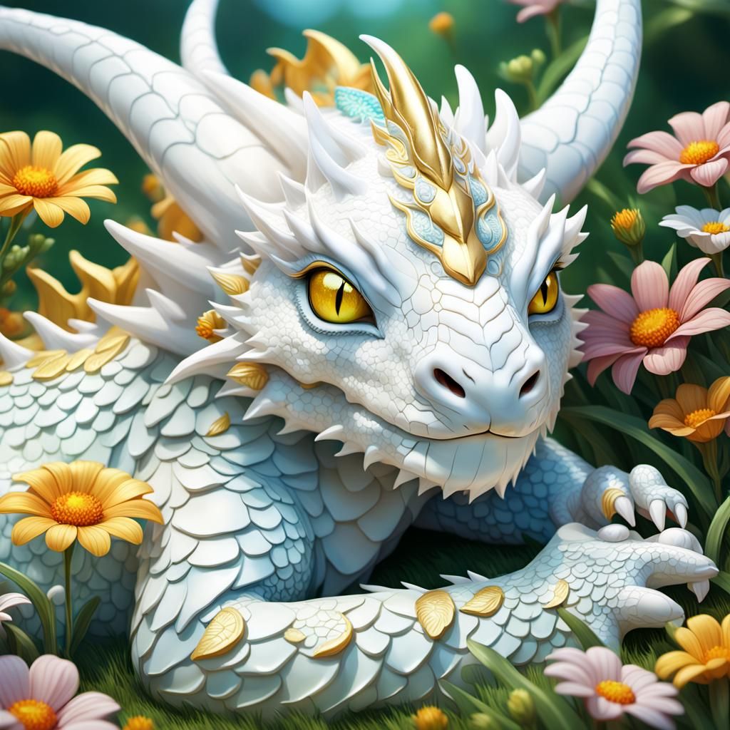 Sleeping White Dragon with Butterfly: 3D Fantasy Art