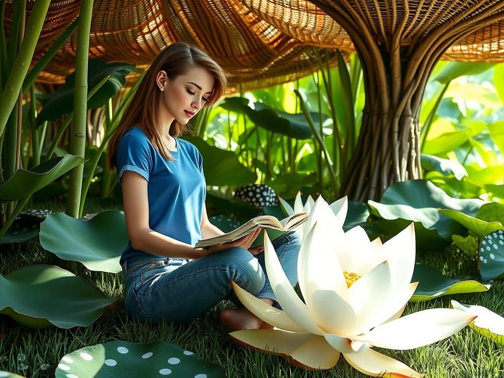 Surreal Scene of Tropical Paradise with Lotus Flower and Wov...