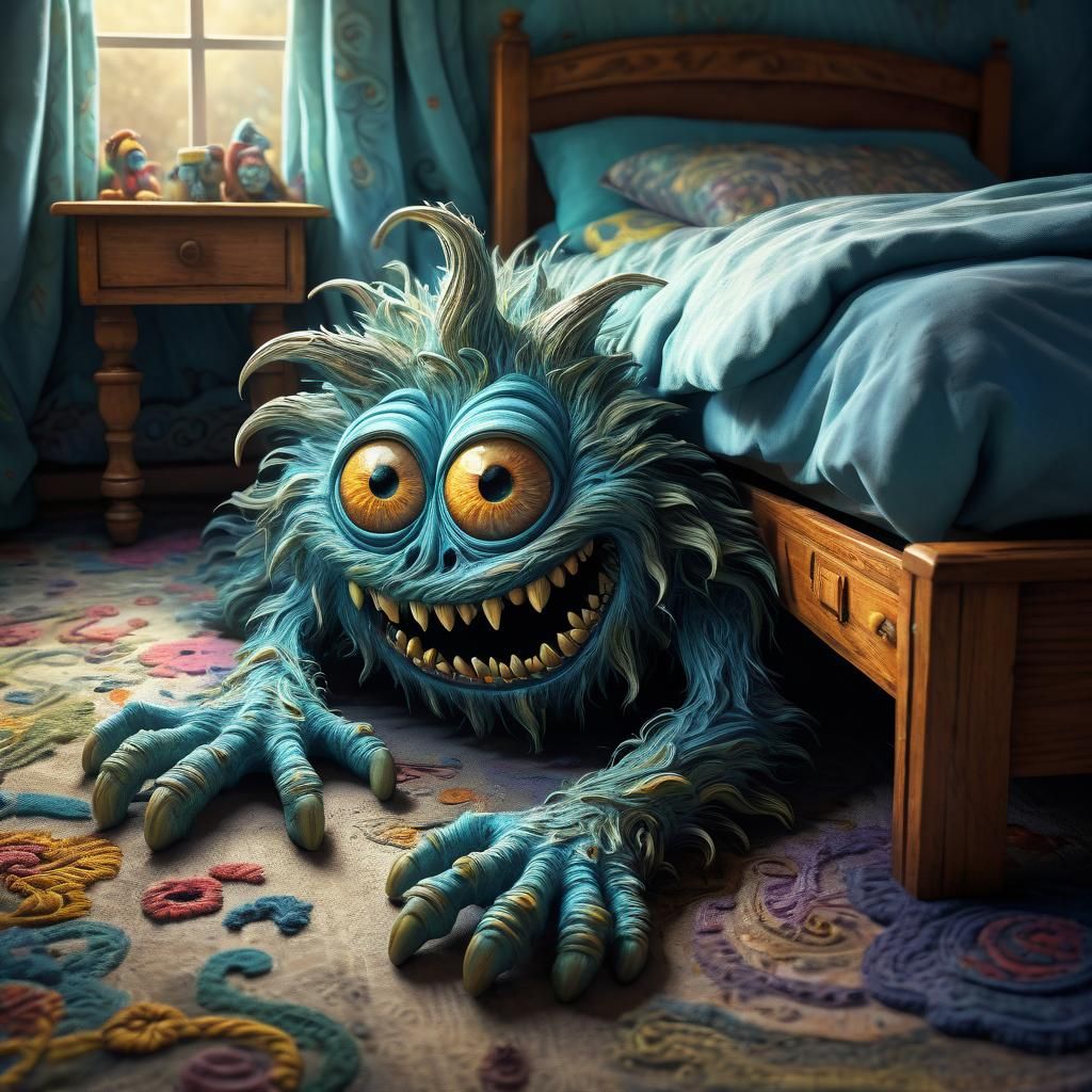 A shy monster peeking out from under a bed