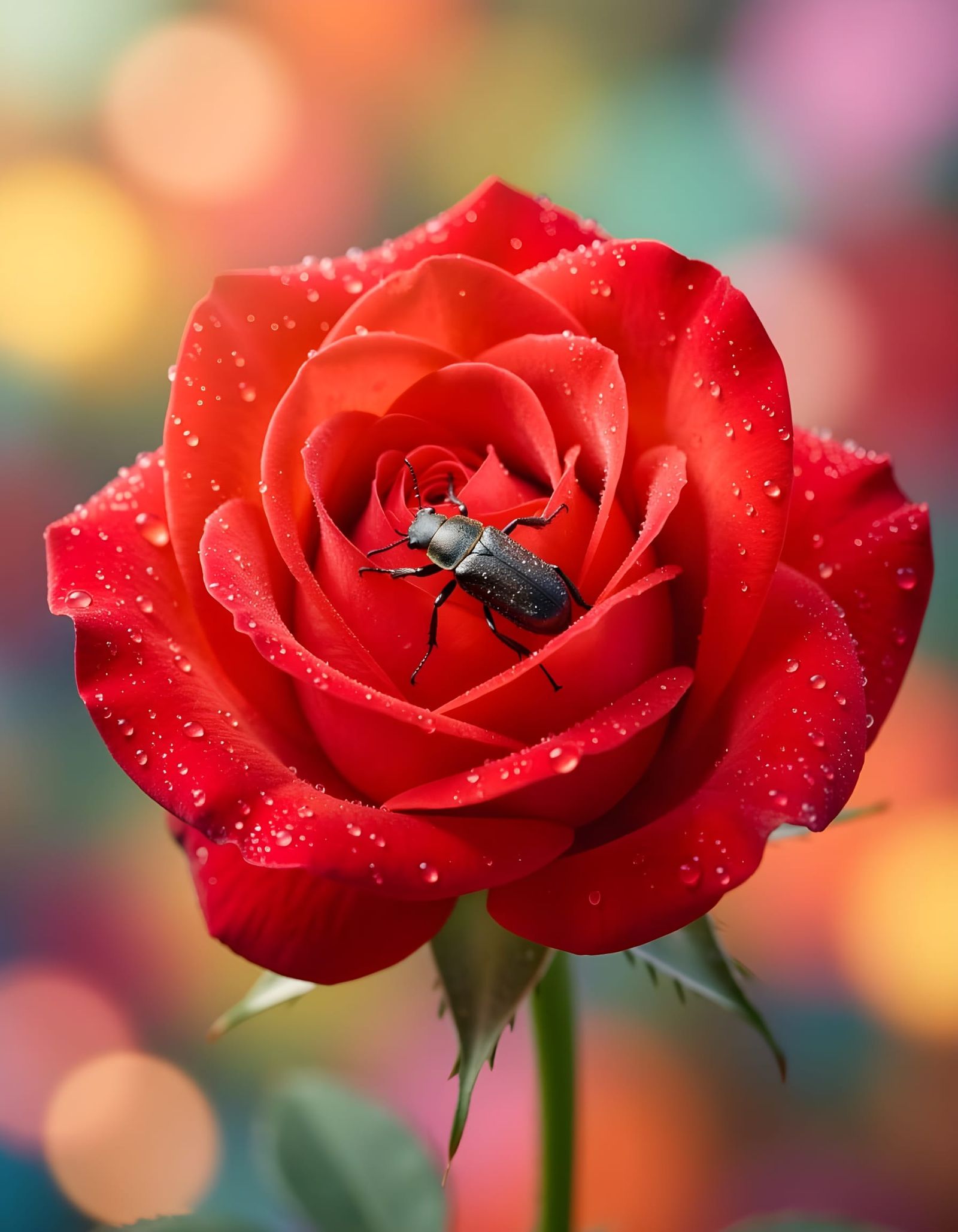 Photorealistic Rose Opens With Dew Drops and Hidden Beetle