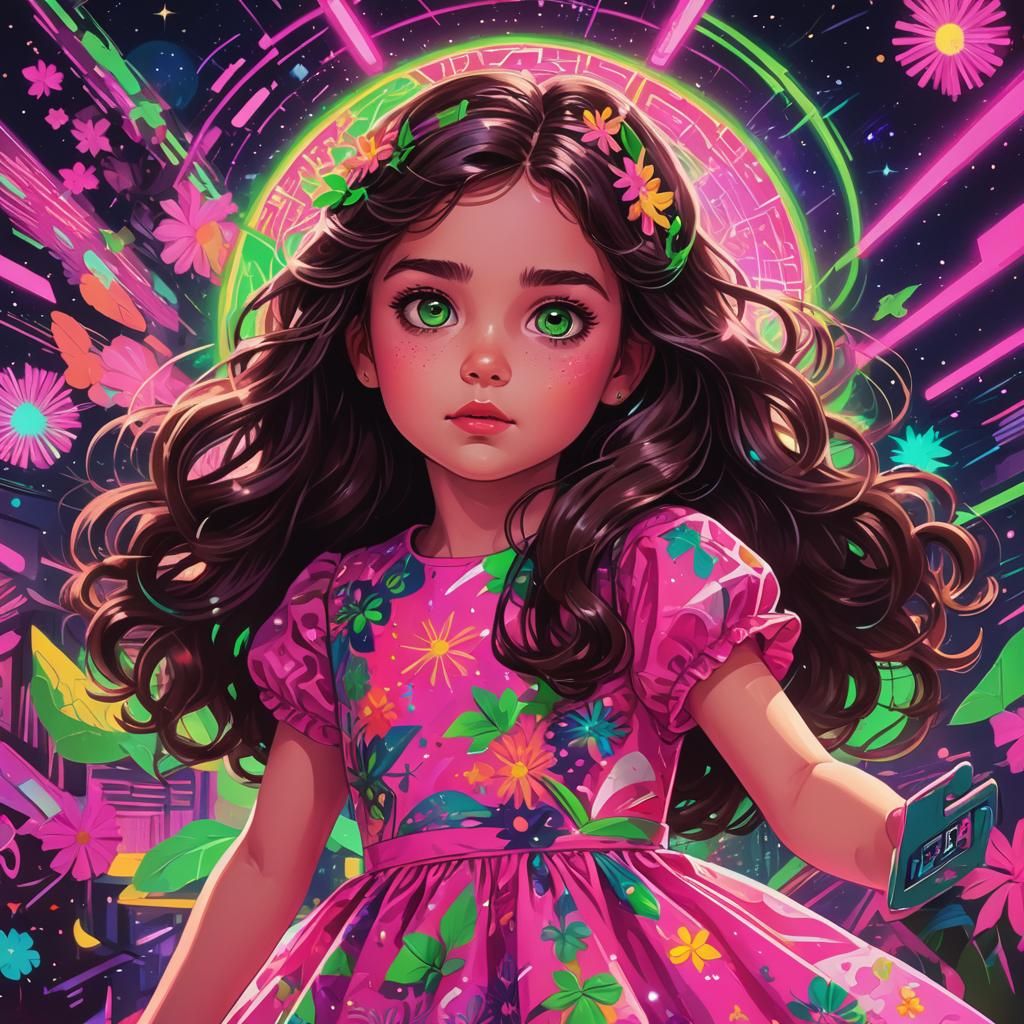 Synthwave Girl in Pink Dress with Neon Lights