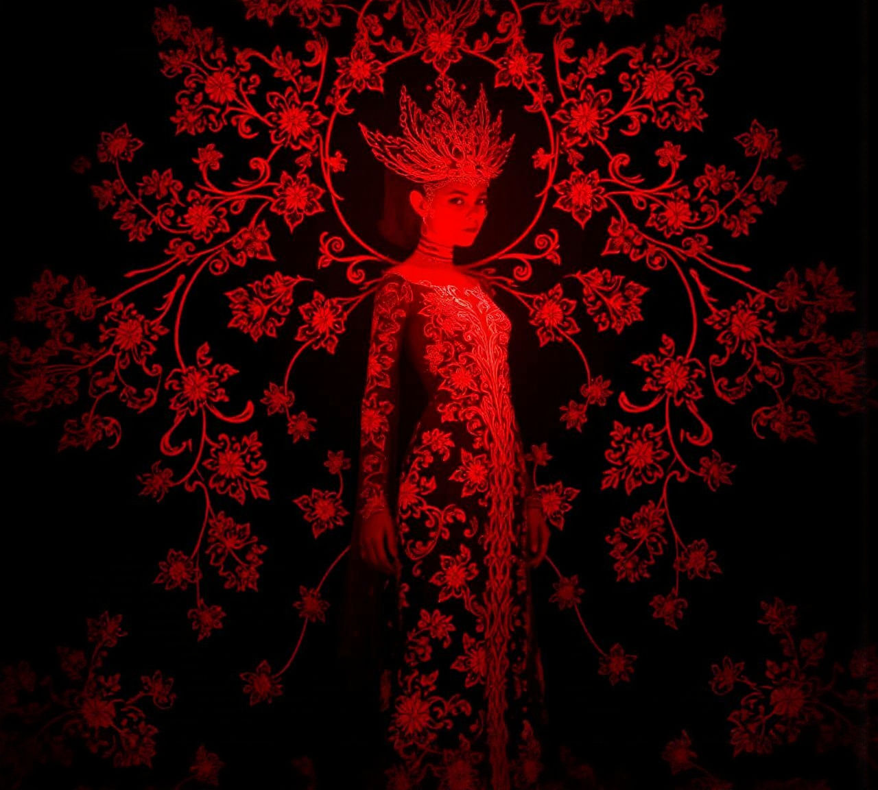 Bioluminescent Ethereal Maiden with Red Filigree