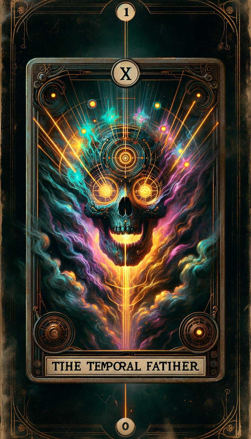 Temporal Father Tarot Card in Cyberpunk Steampunk Style