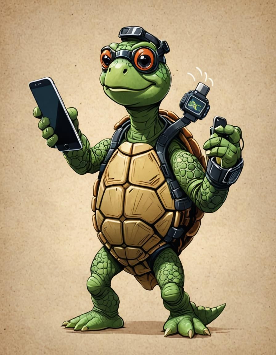 Hip Turtle Talks on Smartphone, Wears Smartwatch