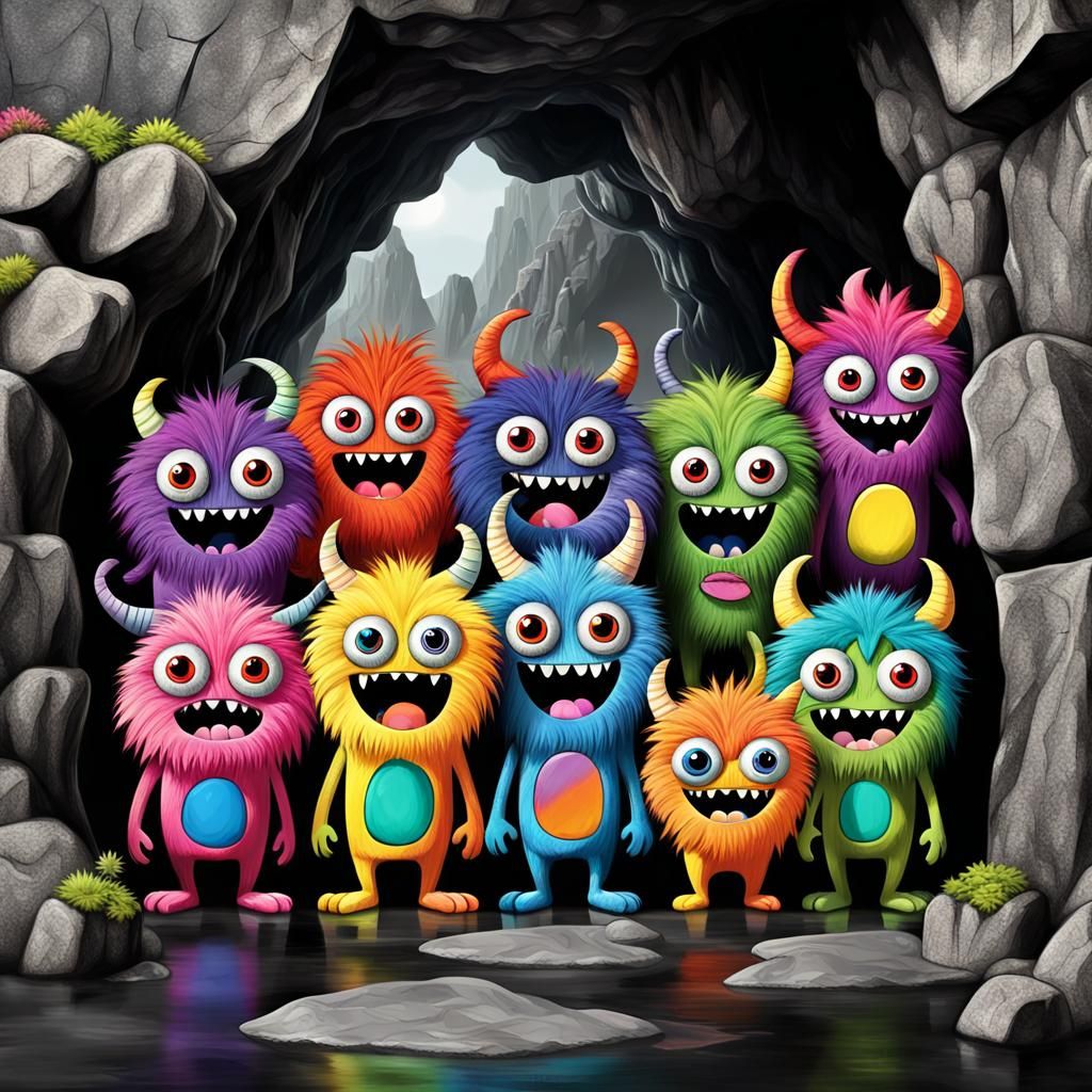 A vibrant rainbow-colored furred cute crazy  group monsters ...