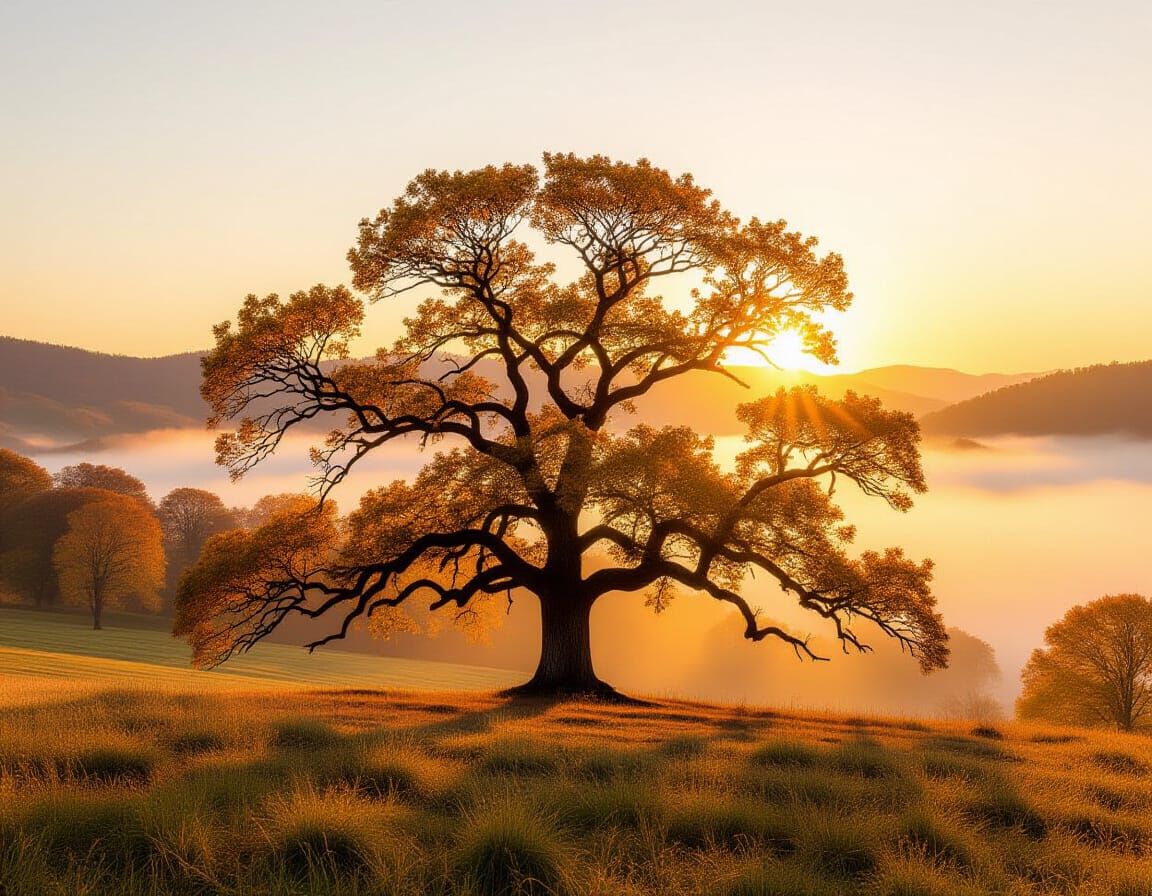 Golden Autumn Oak Tree at Sunrise Over Misty Valley