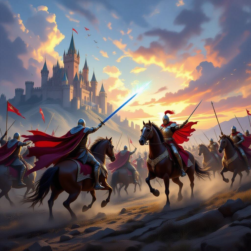 Epic Fantasy Battle with Magic and Dramatic Sky
