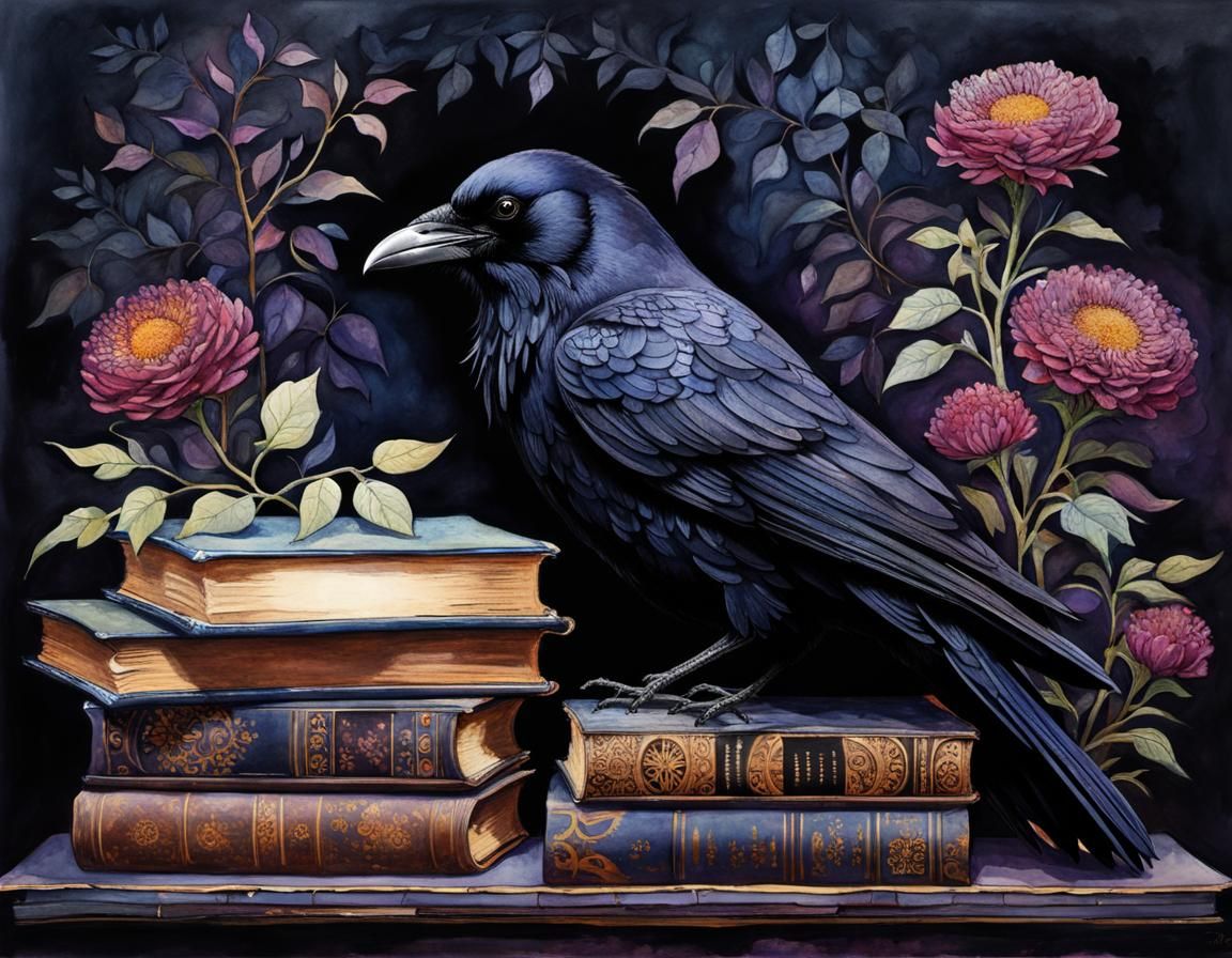 Gothic Raven on Books in Whimsical Illustration