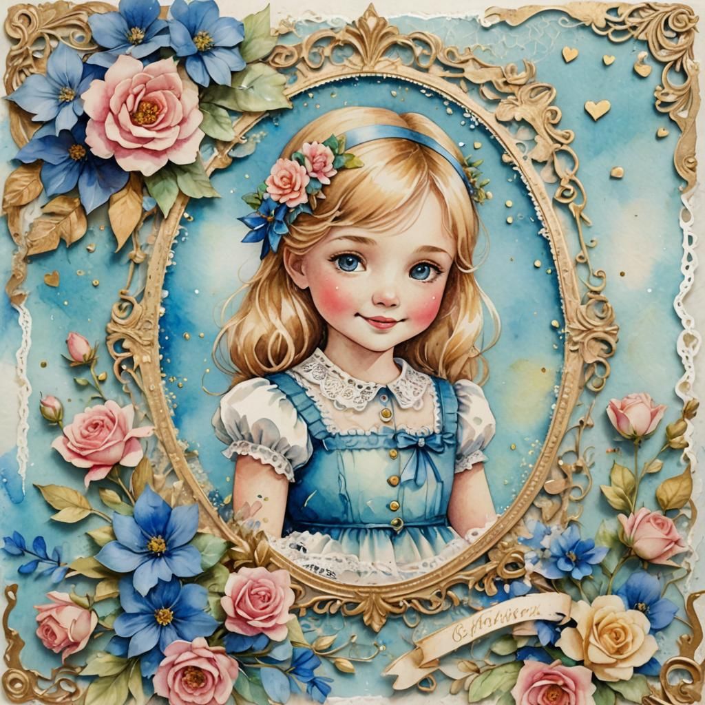 Vintage Watercolor Portrait with Floral Lace Border