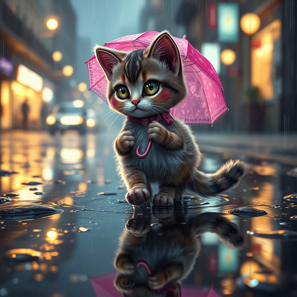 Ethereal Feline in Whimsical Downpour, Inspired by Concept A...