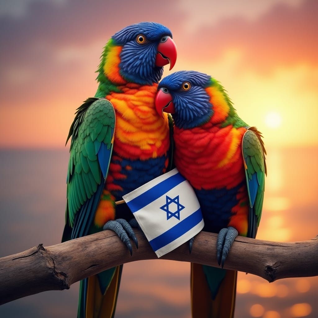 Parrots Embrace Israeli Flag at Sunset: Digital Art