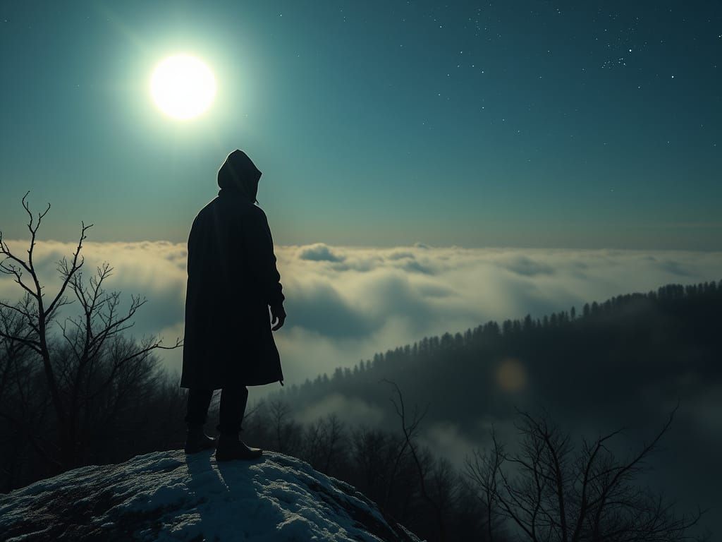 Mystical Night Landscape with Hooded Figure