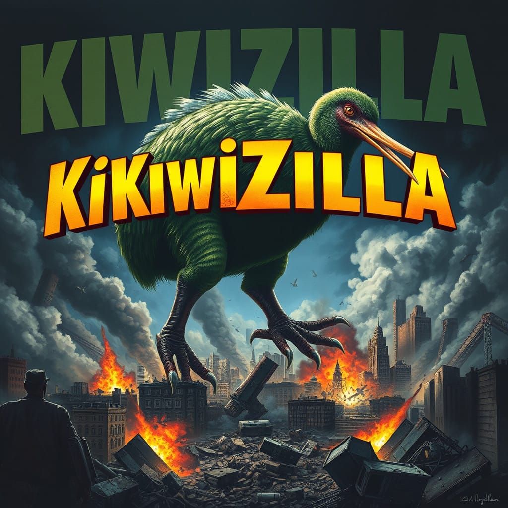 Fearsome Kiwi Kaiju Dominates Cityscape in Cyberpunk Aesthet...