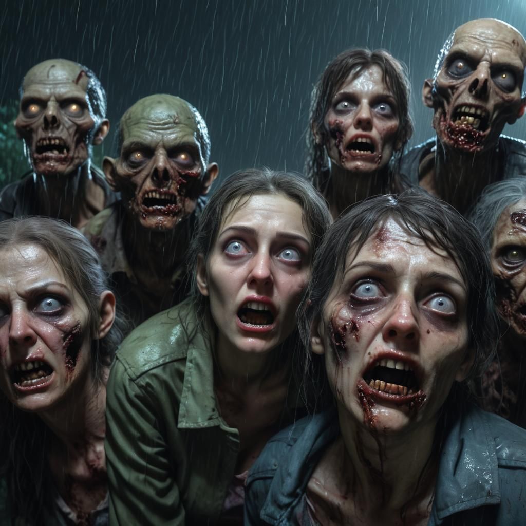 Hyperrealistic Worm's-Eye View of Nighttime Zombies in Rain