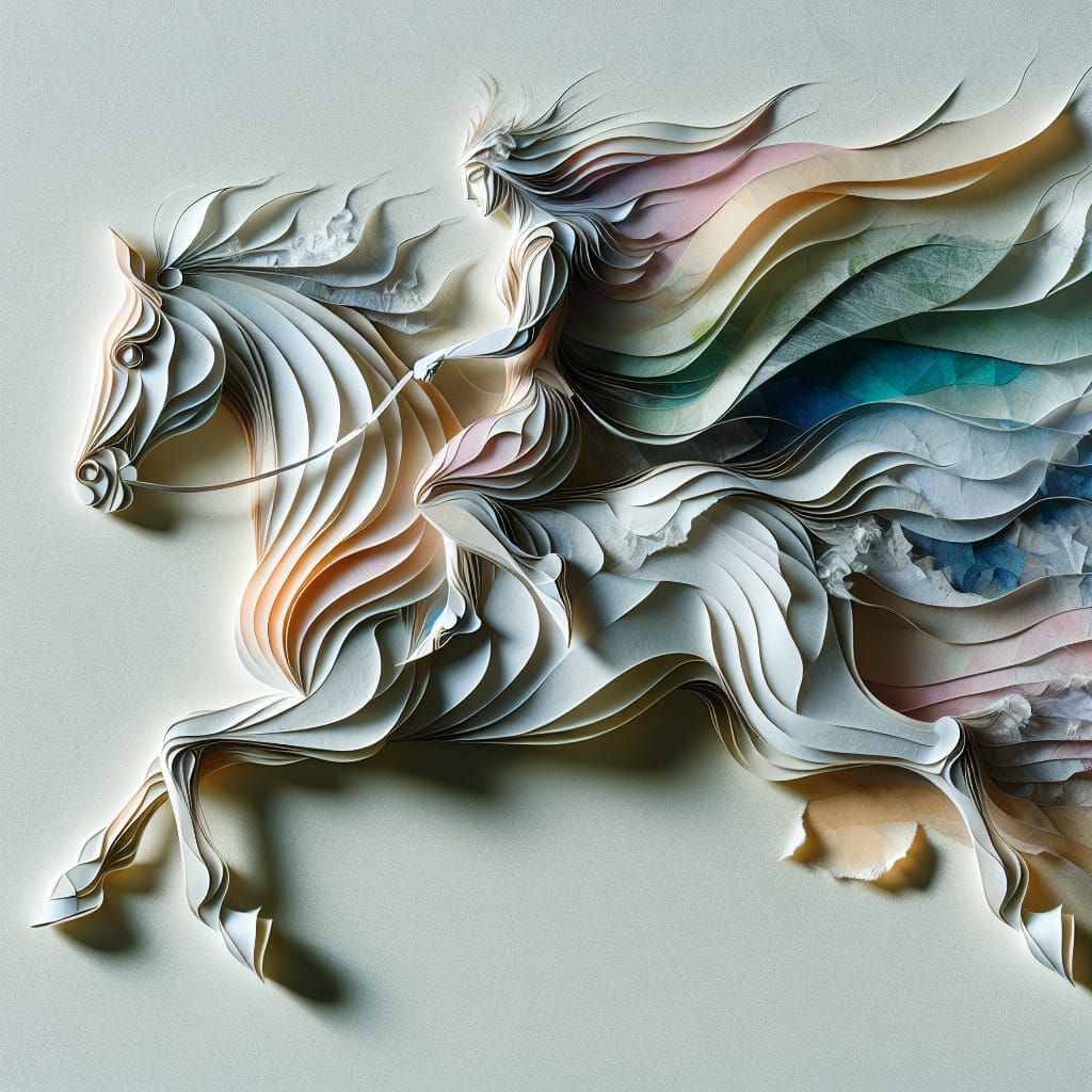 Surreal Equestrian Scene in Layers of Whimsical Paper