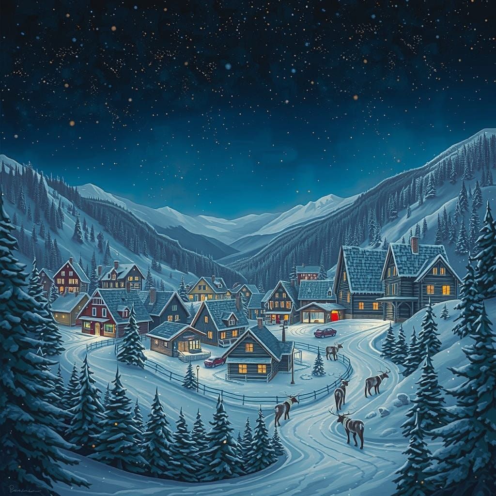 Charming Nordic Village under Starry Christmas Sky
