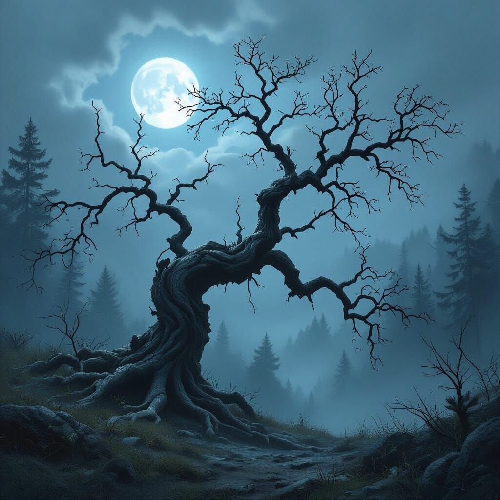 Ethereal Skeletal Tree in Misty Moonlight Forest
