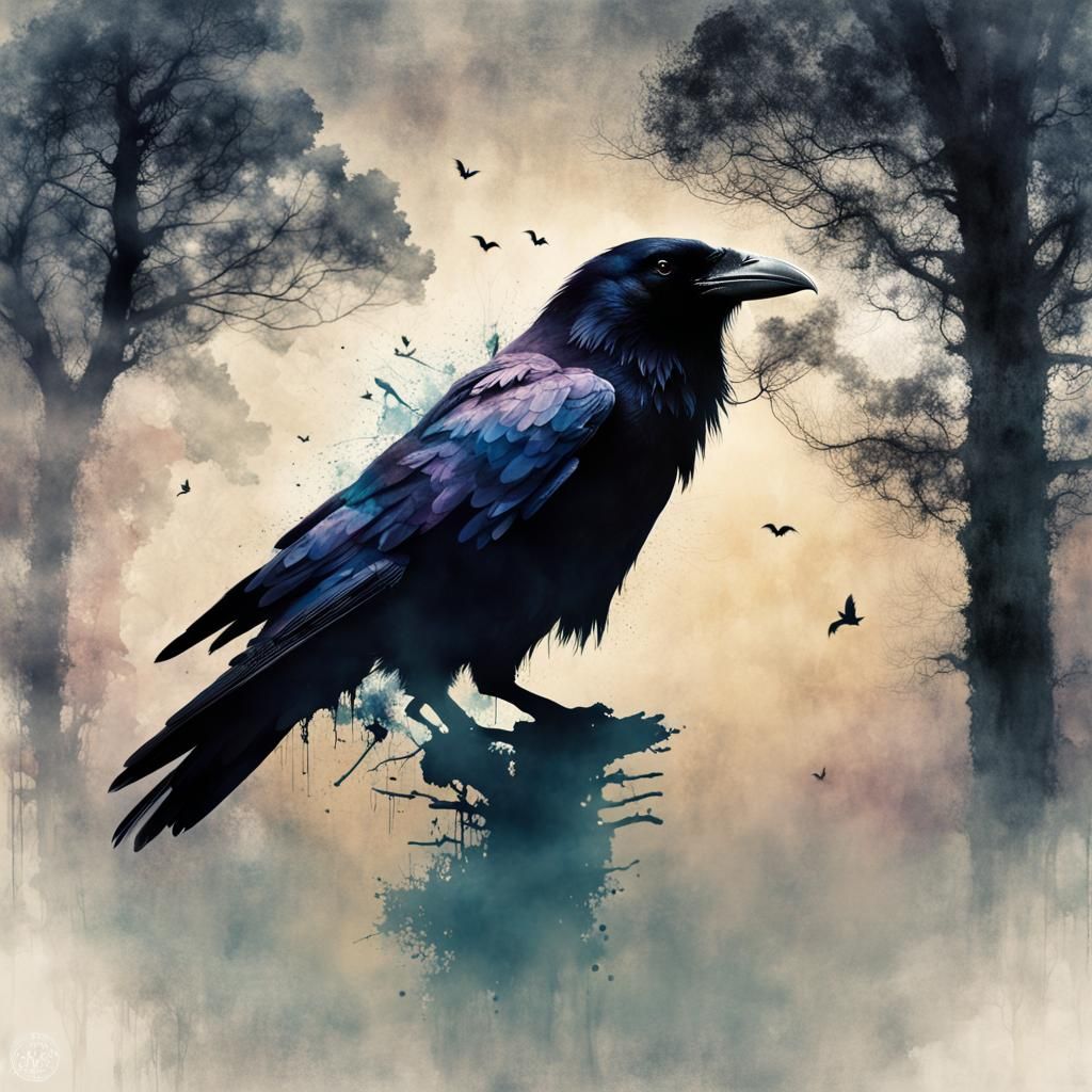 Raven Silhouette With Foggy Dawn Multiple Exposure
