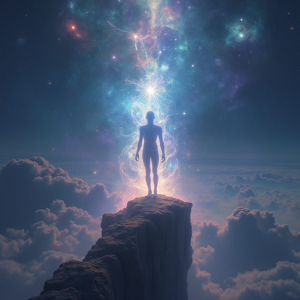 Luminous Being on Cosmic Precipice in Psychedelic Style