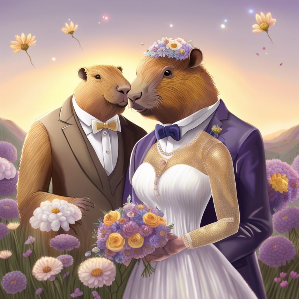 Capybara Wedding in Summer Meadow at Golden Hour
