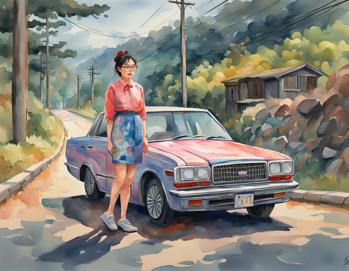 Nerdy Woman and Toyota Crown in Gouache Style
