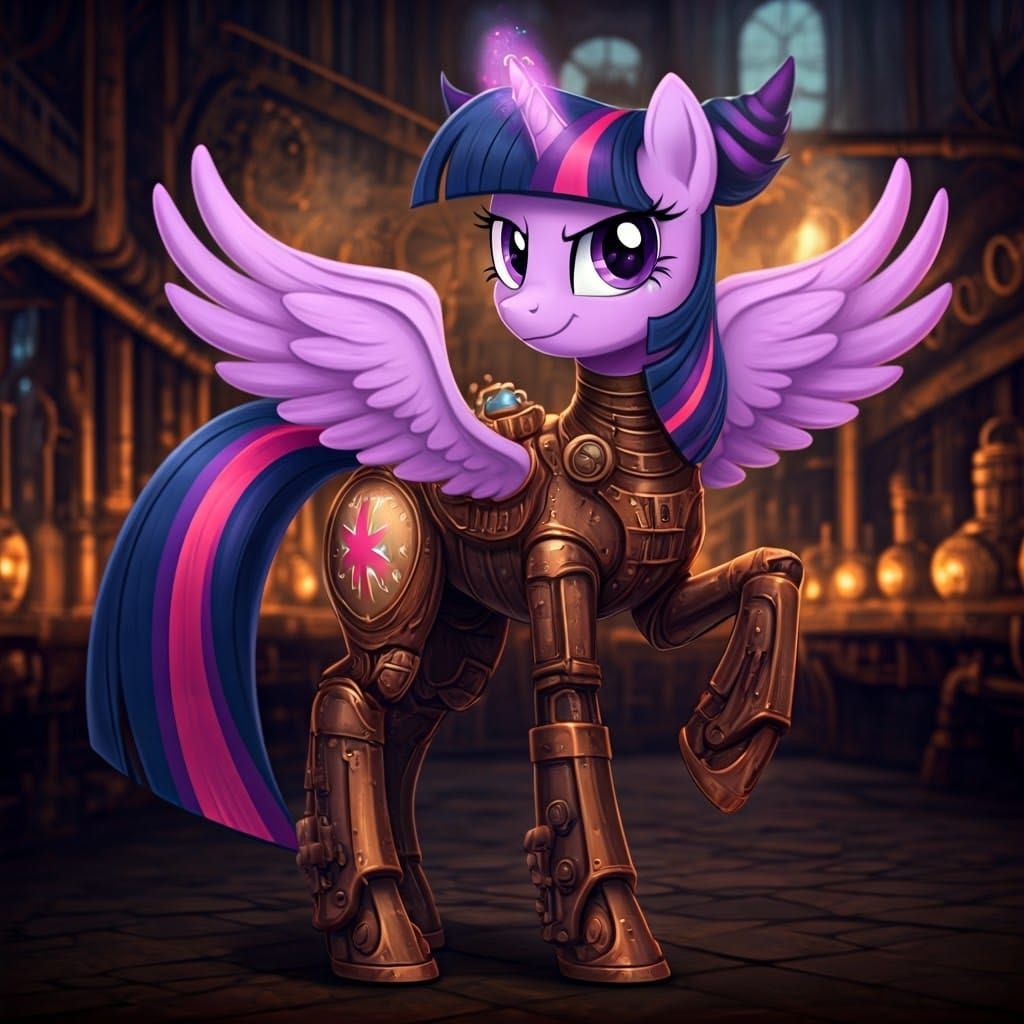 Elegant Pony Warrior in Steampunk Exosuit