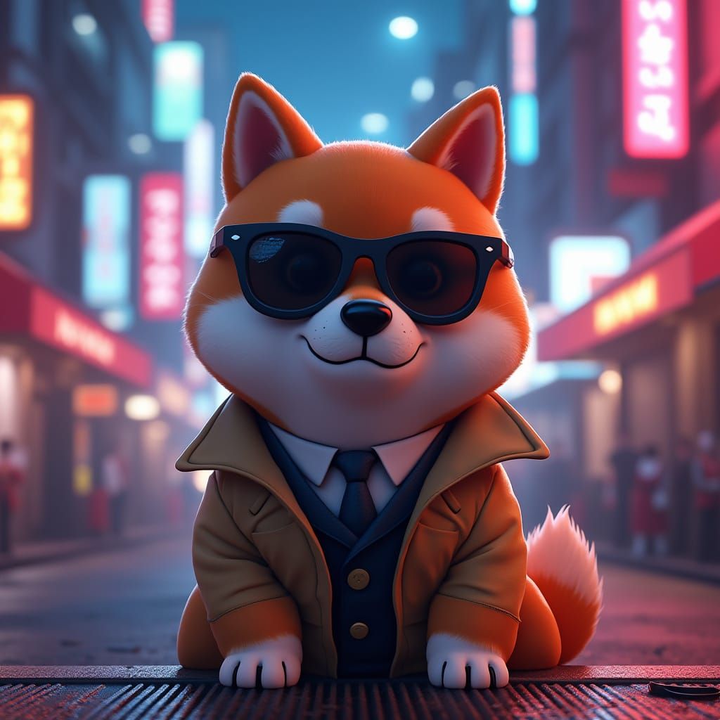 Cartoon Shiba Inu Spy in Neon City