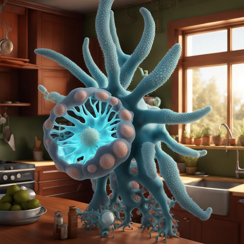 Giant Protozoa Character in Kitchen, Octane Render