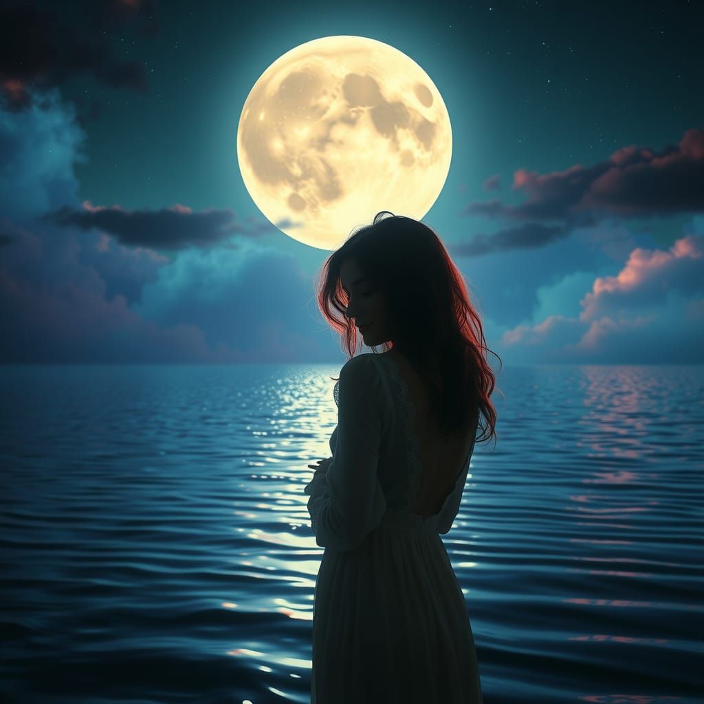 Mystical Woman by Moonlit Lake in Surreal Style