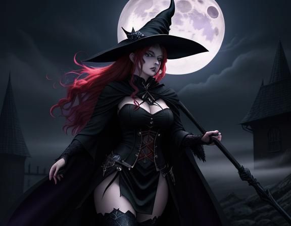 Anime Witch Soaring Under Full Moon