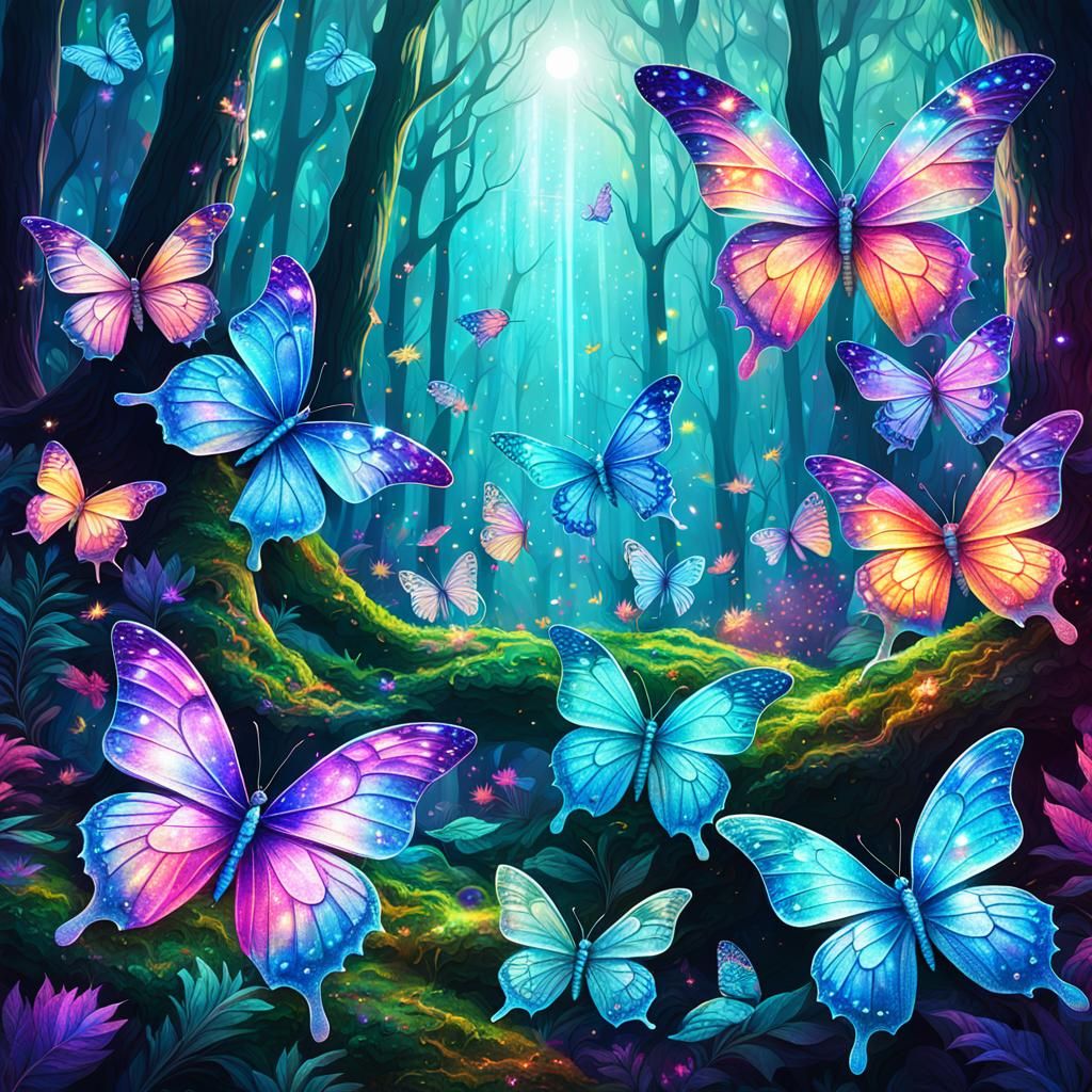 Crystal Butterflies in Enchanted Forest, Astral Illustration