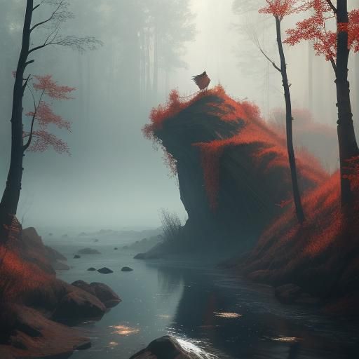 Robin on Misty Bridge: Fantasy Art