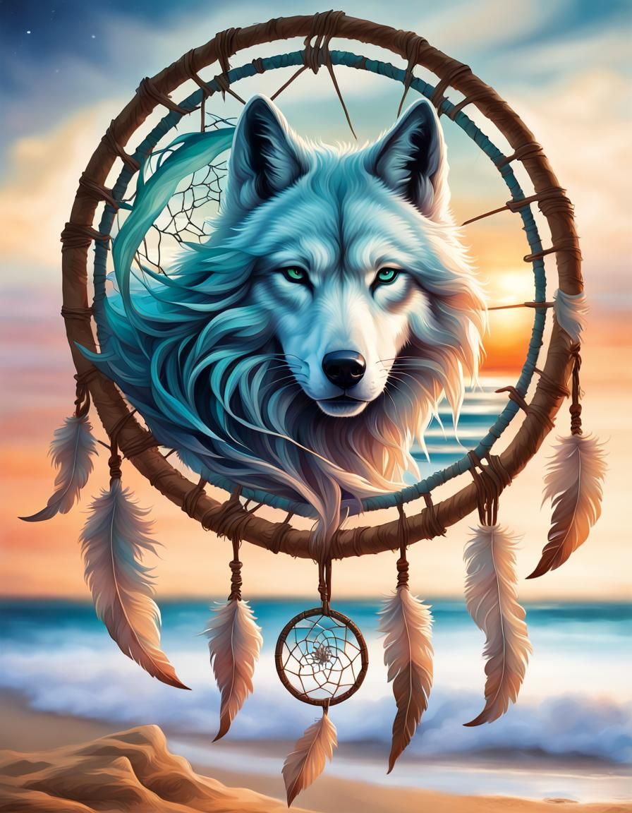 Ghost Wolf Dreamcatcher by the Sea at Sunset