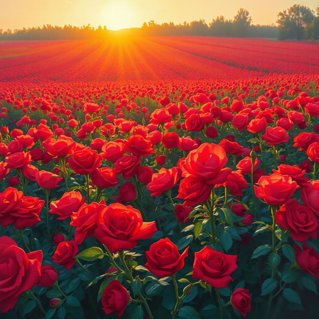 Vast Field of Red Roses in Golden Hour Light