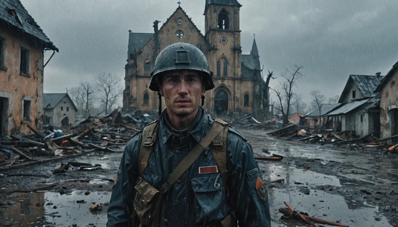German Soldier in Rain-Soaked Village: Cinematic Still